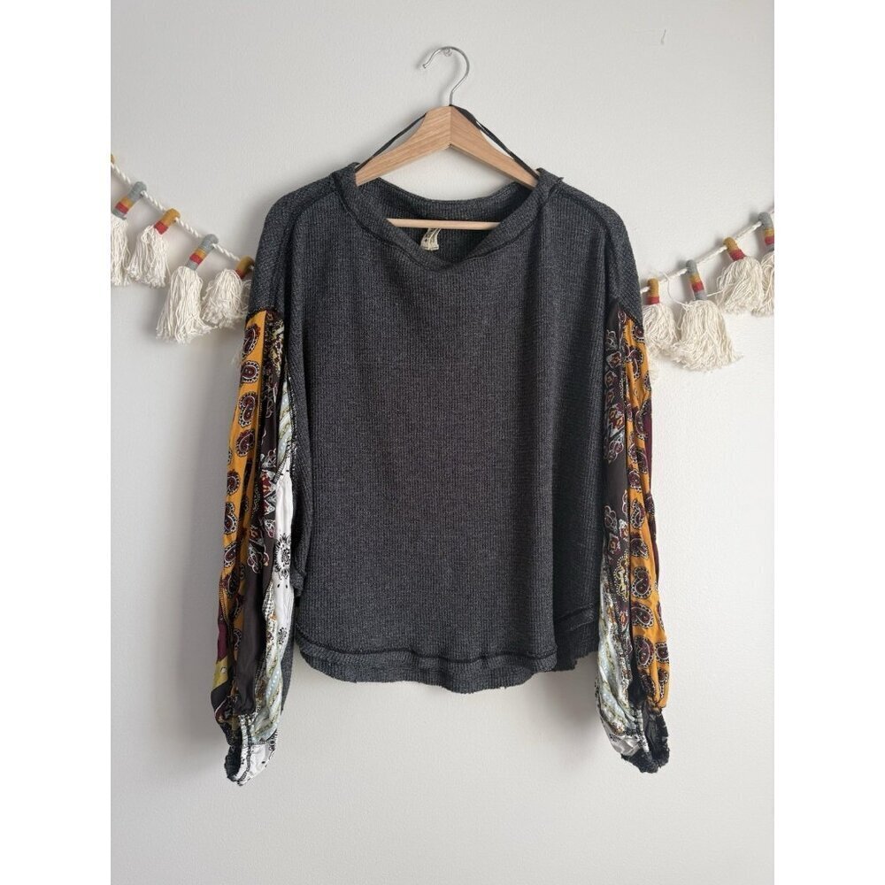 Free People Blossom Balloon Sleeve Thermal Top Gray Boho Hippie Oversized XS